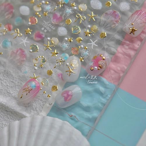 5D Embossed Ocean Nail Stickers - Pearl Seashell, Starfish & Jellyfish Decals
