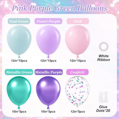 60pcs Mermaid Balloons Set - Pink Purple Teal Green Confetti