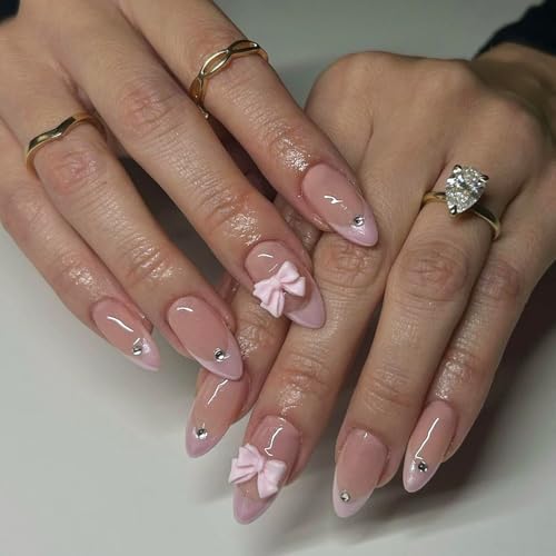 ZOAZJINAZ 3D Bow Medium Almond Press On Nails Pink French Tips Rhinestone False Nails