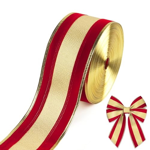 ABTOLS 25 Yards Christmas Wired Ribbons - Red & Gold Stripe Burlap for Holiday Decor
