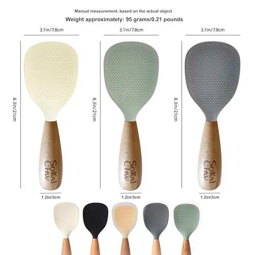 Green Silicone Rice Spoon with Wooden Handle - Heat-Resistant Cooking Utensil
