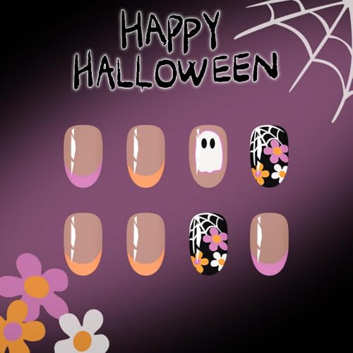 Halloween Press on Nails Short Almond Fake Nails Ghost Bat Design 24Pcs