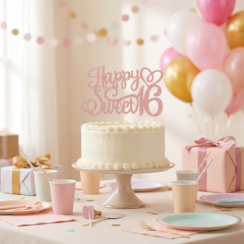 Glitter Pink Sweet 16 Cake Topper - Birthday Decoration