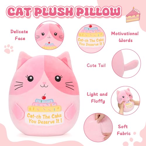 12 Inch Pink Cat Plush Pillow - Cute Stuffed Animal with Motivational Quote