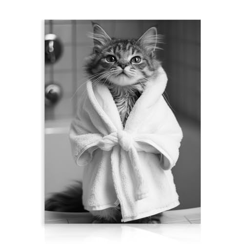 Funny Cat Bathroom Wall Art - Cute Cat in Bathrobe Poster 12x16
