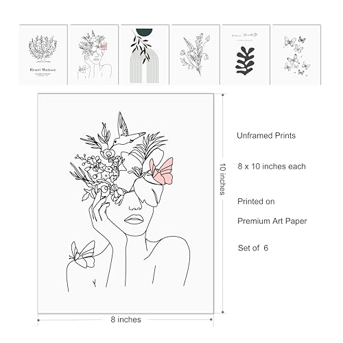 Boho Wall Art Set of 6 for Bedroom Decor - Minimalist Line Art Prints