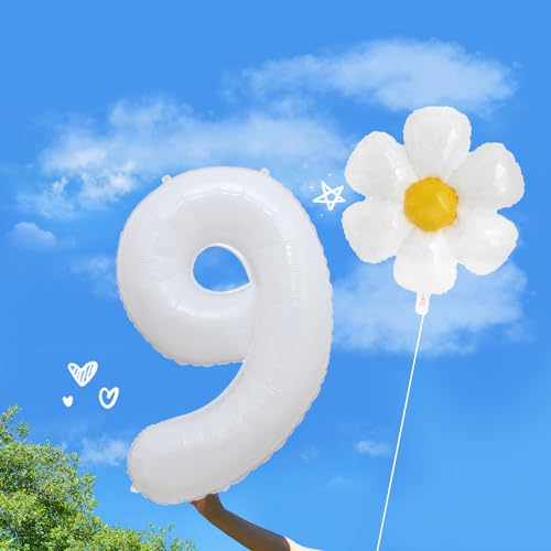 40-Inch White Number 9 Daisy Balloon Set for 9th Birthday Party