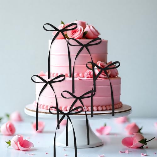 30 PCS Black Satin Ribbon Bow Cake Toppers, Pre-Tied Coquette Aesthetic Cupcake Decorations for Weddings and Birthdays