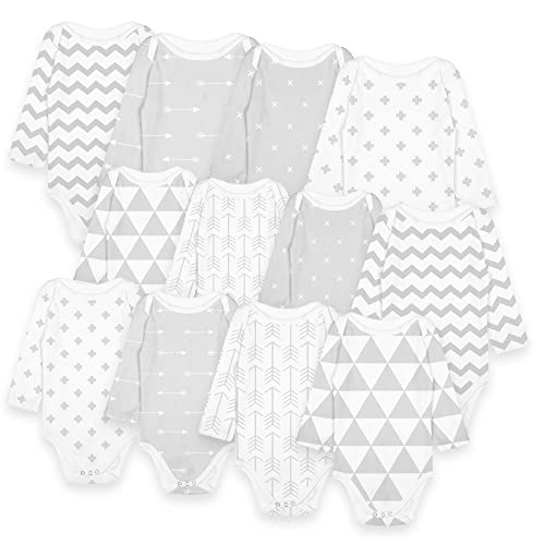 BaeBae Goods Long Sleeve Baby Bodysuit Set - Grey/White Triangles, 12 Months
