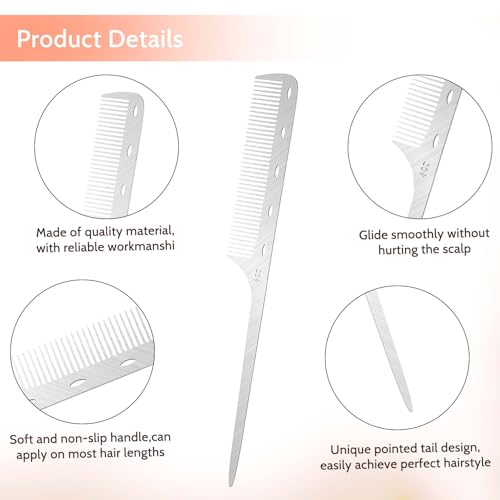 Mozeat Lens Stainless Steel Metal Rat Tail Comb for Hair Styling and Parting