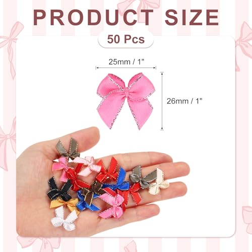 Mini Satin Silver Edge Ribbon Bow Appliques for Crafts, Hair, Wedding, Party, Christmas - Rose Red, Pack of 50