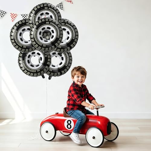 30-Inch Race Car Tire Balloons - 6 Pack Checkered Foil Wheel Decorations