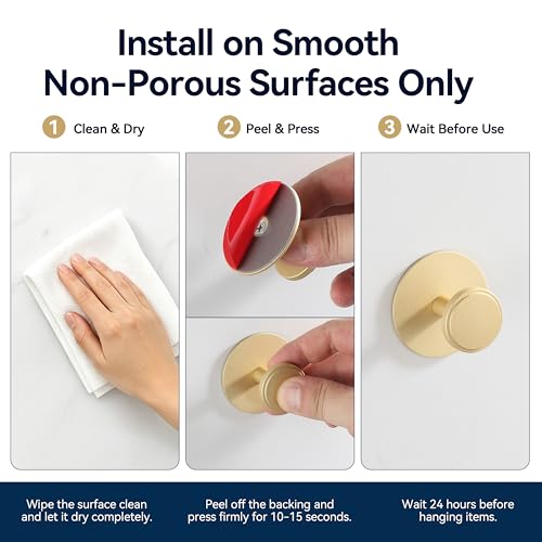 BVL Adhesive Towel Hooks, Brushed Gold Aluminum No-Drill Wall Hooks (4 Pack)