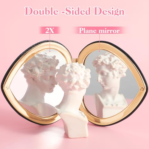 Qianyu Heart Shaped Compact Folding Makeup Mirror - Gold Glitter Pocket Mirror with 1X/2X Magnification
