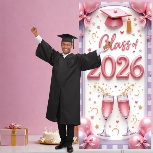 Class of 2026 Graduation Door Cover Banner - Pink Grad Cap & Champagne