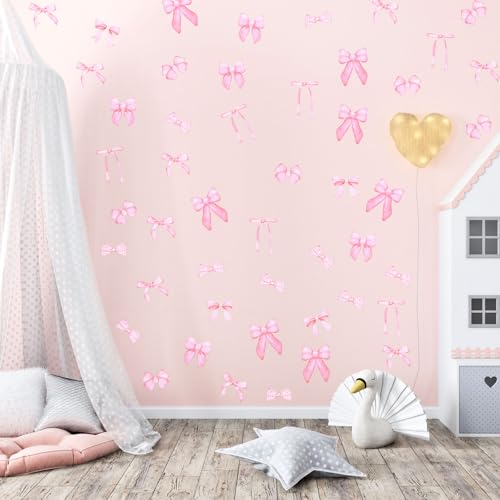 56 Pcs Pink Bow Wall Stickers - Watercolor Aesthetic Decor