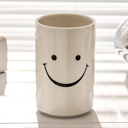 White Smiley Face Ceramic Toothbrush Cup - Creative Bathroom Accessory