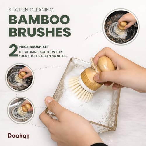 Set of 2 Eco-Friendly Bamboo Dish Scrubbing Brushes with Ergonomic Handles