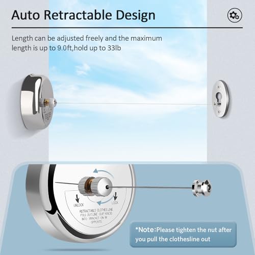Clatoon Retractable Clothesline - 9ft Adjustable Stainless Steel