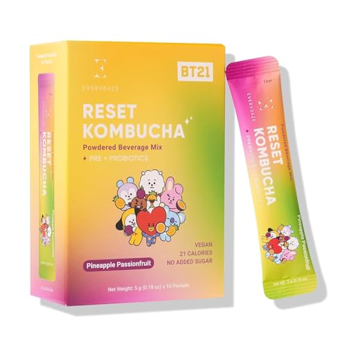 Everydaze BT21 Kombucha Powder Mix - Pineapple Passion Fruit | 10 Sticks | Vegan, Probiotics, No Sugar Added