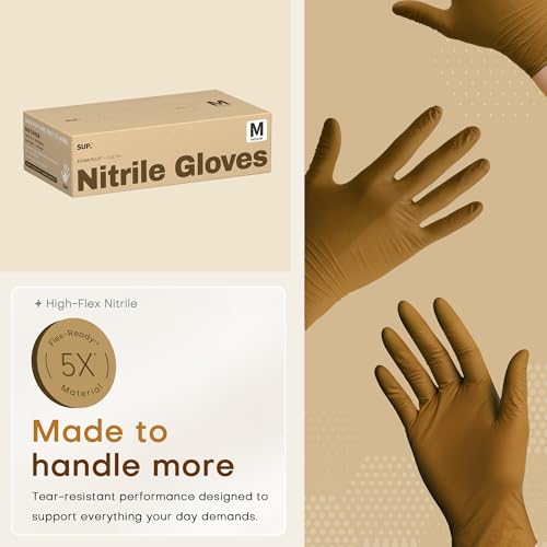 SUP Nitrile Exam Gloves, Powder-Free Disposable Gloves, Medium, Tan