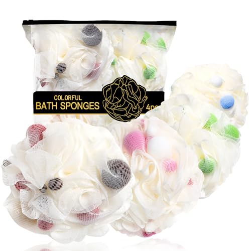 Manditae Beige Loofah Bath Sponge 4 Pack Exfoliating Body Scrubber