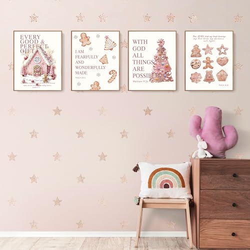 Pink Christmas Gingerbread House Wall Art Set - 8x10in Unframed, Bible Verse Variant