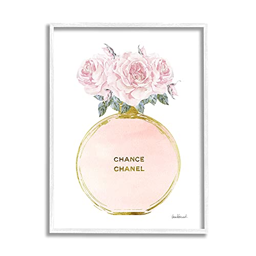 Stupell Industries Pink and Gold Round Perfume Bottle with Roses, Design by Amanda Greenwood White Framed Wall Art, 11 x 14