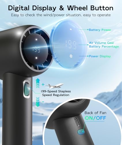 Rechargeable Handheld Fan - Black 15000RPM with Digital Display