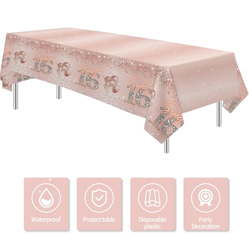 Rose Gold Sweet 16 Party Tablecloths - 3 Pack, 86 x 55 in