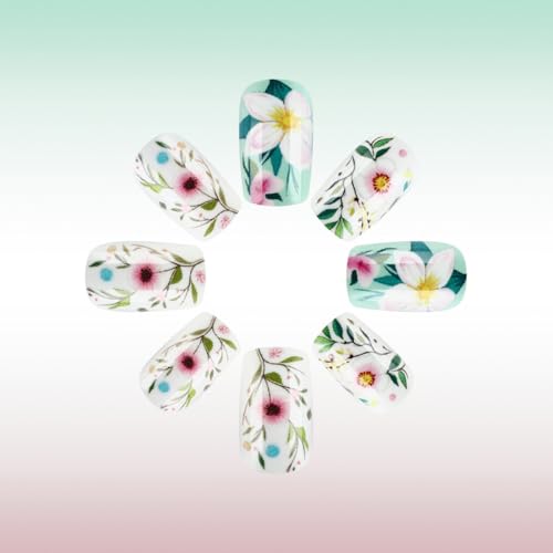 Summer Flower Press On Nails Medium Square Gradient Floral Acrylic Fake Nails Set