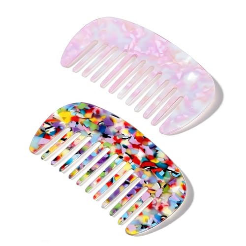 Ezymivs Mini Travel Hair Comb 2 Pack - Acetate Pocket Wide Tooth Detangler