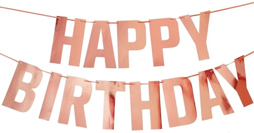 Rose Gold Happy Birthday Banner, Pre-Strung Metallic Party Garland