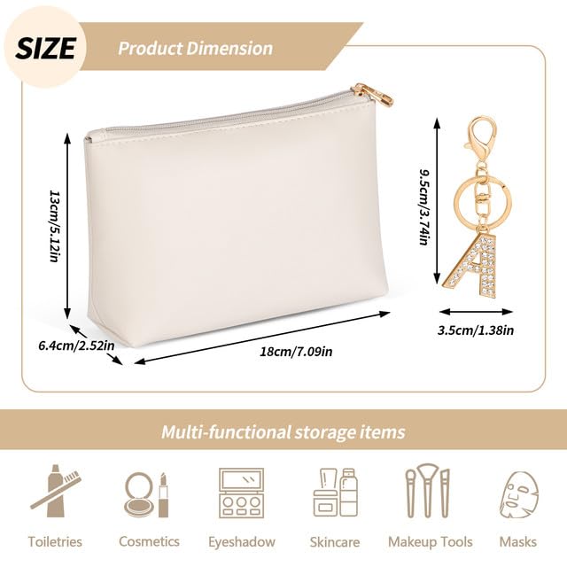 MAANGE Personalized PU Leather Makeup Bag with Initial Keychain Beige