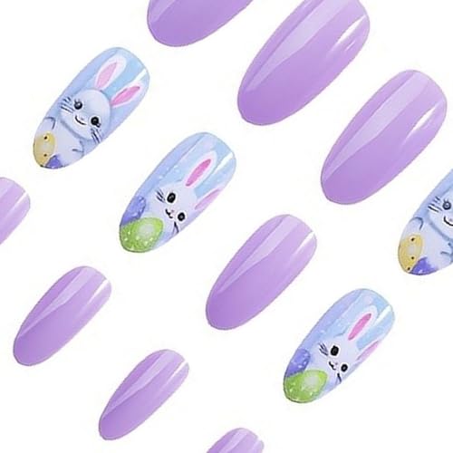 Easter Press on Nails Medium Almond Bunny Purple Glossy Fake Nails 24 Pcs