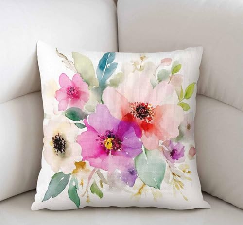Watercolor Floral Throw Pillow Cover - 18x18 Eco-Friendly Cotton Linen