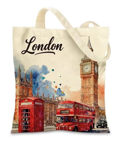 Lednica London Ocean Canvas Tote Bag with Inner Pockets & Metal Snap - Womens Reusable Vacation Travel Shopping Bag