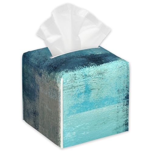 PU Leather Square Tissue Box Cover - Abstract Turquoise Grey Design