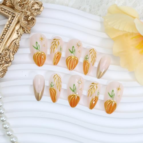 Fall Press on Nails Medium Almond Gold French Tip Fake Nails 24Pcs