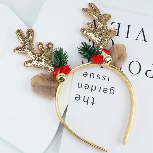 Christmas Reindeer Antler Headband with Glitter Ears and Bells
