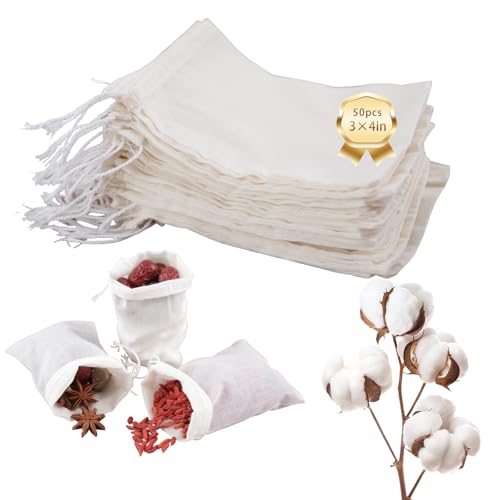 50pcs Natural Muslin Spice Bags 3x4in - Reusable Cooking Filter