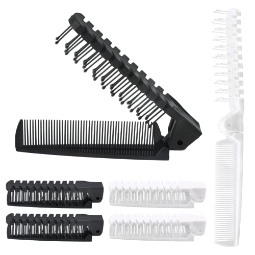 Qjaiune 6 PCS Foldable Travel Hair Brush & Massage Comb Set - Black & White
