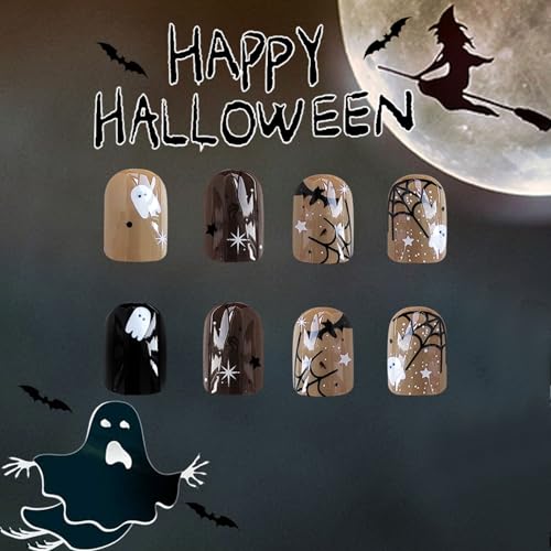 Halloween Press on Nails Short Square Brown Spider Web False Nails 24 Pcs