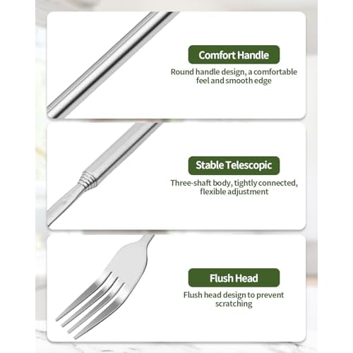 2 PCS Extendable Fork Spoon Set, Telescopic Stainless Steel Fork Spoon, Extendable 25.3 In, BBQ Dinner Fruit Dessert, Camping Flatware