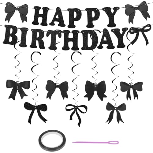 Black Happy Birthday Banner with Hanging Bow Swirls Decor