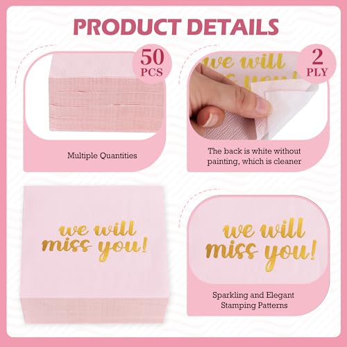 We Will Miss You Cocktail Napkins - 50 Pcs Pink Cursive Foil Party Supplies