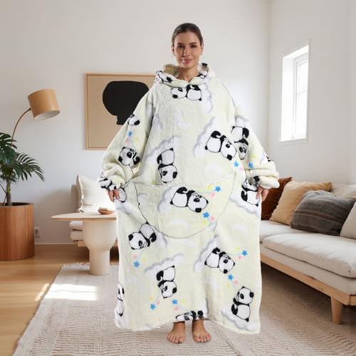 White Panda Wearable Blanket Hoodie for Adults - Oversized Soft Warm Blanket Sweatshirt