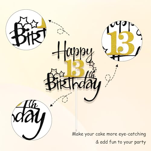 Happy 13th Birthday Cake Topper - Black & Gold Glitter Decoration