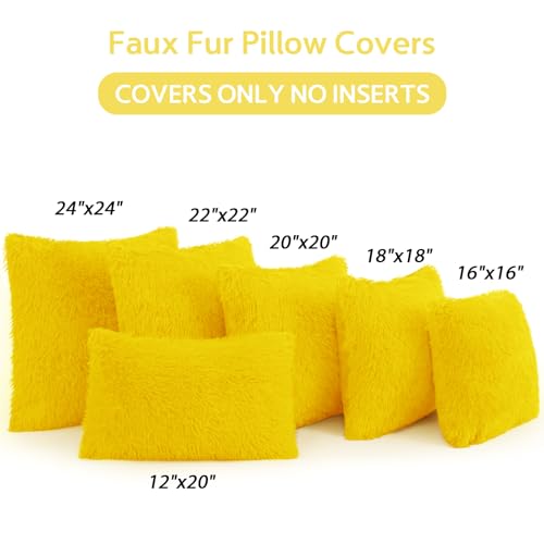 Yellow Faux Fur Throw Pillow Covers Set of 2 - 18x18 Inch