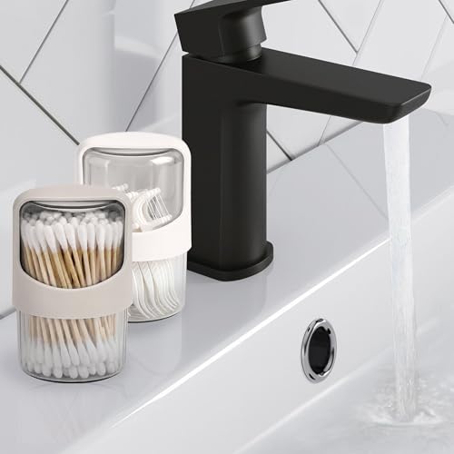 ReignSword 2-Pack Off-White & Light Gray Qtip Dispensers with Rotating Lid, Clear Bathroom Cotton Swab Holders